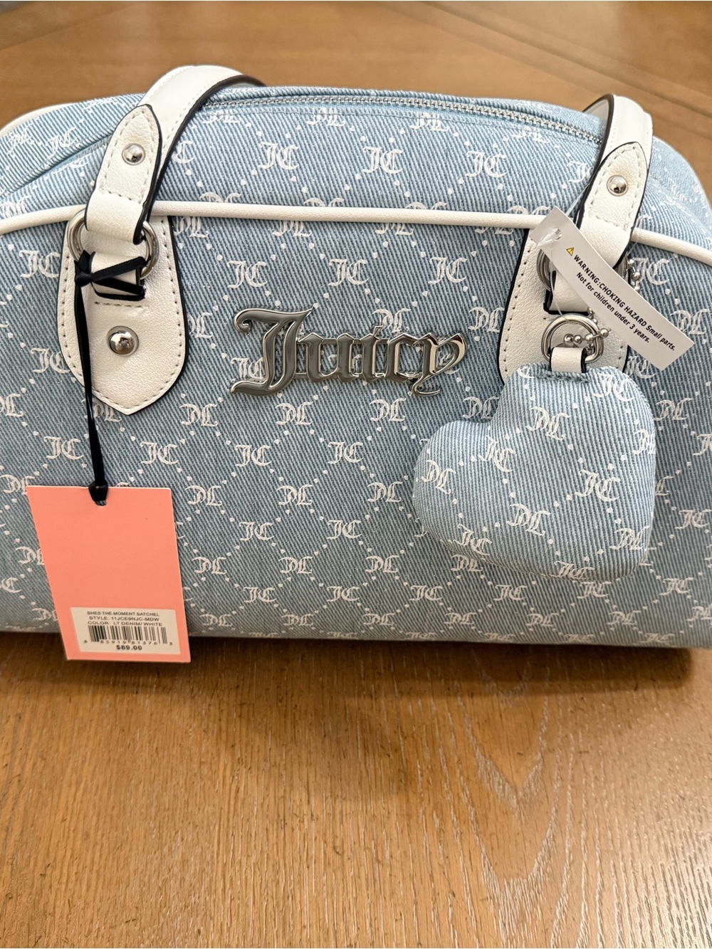 Juicy Couture Light Blue Monogram Satchel with White Trim and Heart Charm